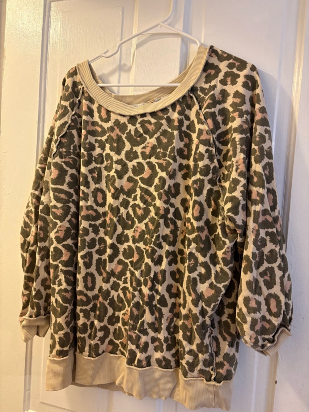 Free People Olive & Pink Leopard Print Pullover Sweatshirt